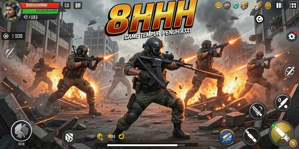 Tangkapan layar utama gameplay 8HHH menampilkan aksi tembak-menembak yang mendebarkan.