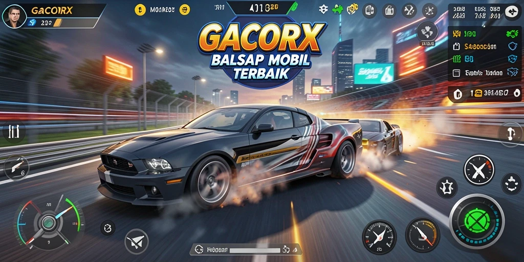 Gameplay GACORX yang intens dengan mobil balap melaju cepat.