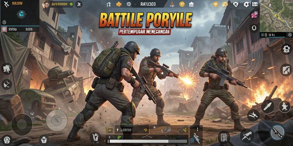Screenshot gameplay <strong>RATU303</strong> menampilkan aksi pertempuran mendebarkan di arena luas.