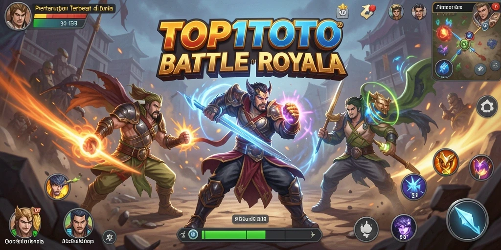 Screenshot utama dari gameplay menampilkan pertempuran seru di arena Battle Royale.